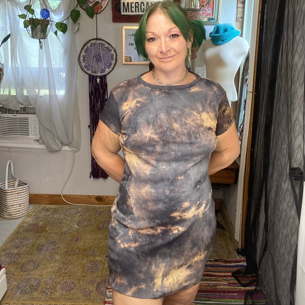 SHEIN ribbed Tie dye bleach look stretchy tee shirt dress Size XLarge